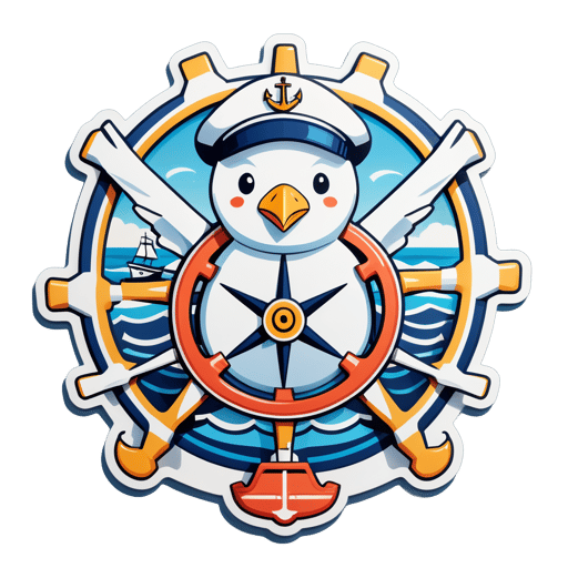 A seagull with a sailor hat in its left hand and a ship wheel in its right hand sticker