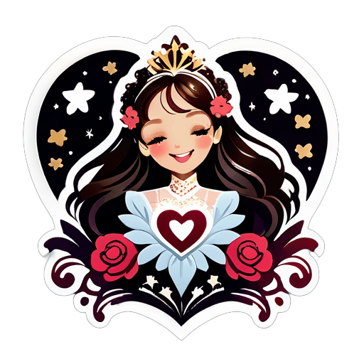 Smiling Sarah Brightman singing with her cat. Flowers and stars surround the heart. Exquisite details. sticker