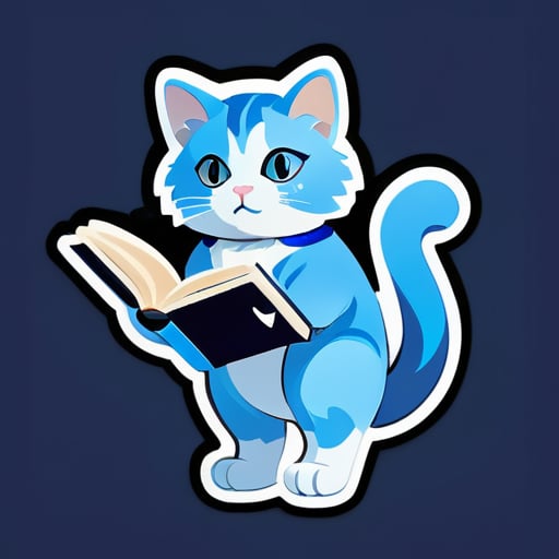 青いトーンで描かれた全身の猫ジェミニは、雲に似た毛皮を持っています。後ろ足で立ち、知性を象徴するために掌に本を持っています。 sticker