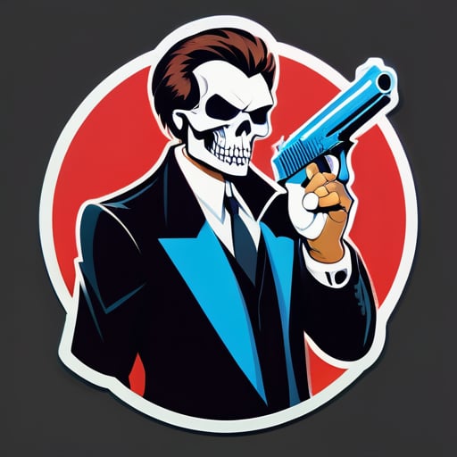 một người đàn ông cầm một khẩu súng deagle với một hình họa hình đầu sọ trên nòng súng sticker