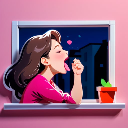 Sleepy woman on the windowsill: Relaxing, yawning widely, revealing her pink tongue. sticker