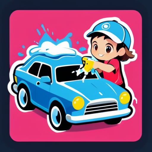 Logo của trạm rửa xe, một chàng trai cầm súng nước đang lau chùi ô tô, còn một cô gái cầm khăn sẵn sàng lau chùi, chiếc xe rửa sạch sẽ, cẩn thận. sticker