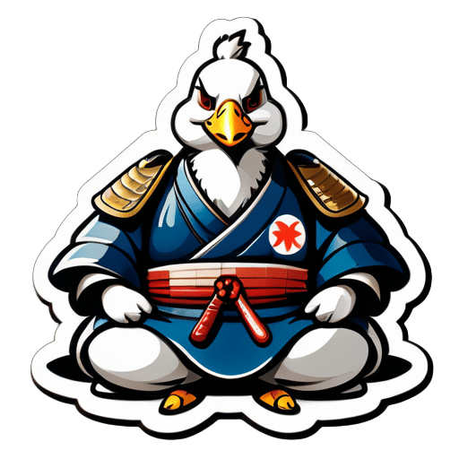 Estilo realista, un gran ganso vistiendo una armadura de general japonés, meditando con un ojo cicatrizado cerrado, sentado con las piernas cruzadas al estilo japonés. Lleva un tachi atado a la cintura. sticker