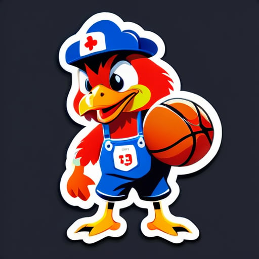 Une poule en salopette joue au basket-ball sticker