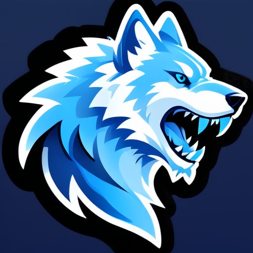 Una silueta elegante y helada de un lobo azul, con acentos helados resaltando sus características. El texto 'Frost Fang Gaming' es nítido y audaz, evocando una sensación de frío y poder. sticker