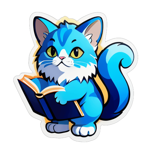파란색 톤으로 묘사된 고양이 자리자리는 구름을 닮은 털을 가지고 있습니다. 뒷다리에 서 있으며 앞발에 책을 들고 있어 지능을 상징합니다. 스티커 자체가 공격적으로 보입니다. sticker