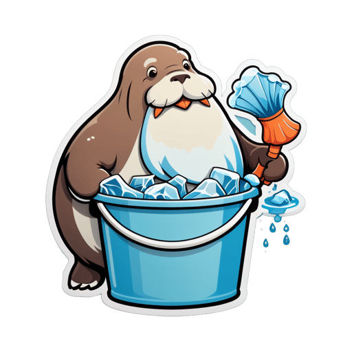 A walrus with a fish in its left hand and a bucket of ice in its right hand sticker