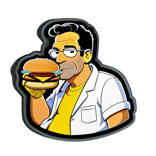Frank Grimes from the simpsons eating a burger with a sexy look sticker
