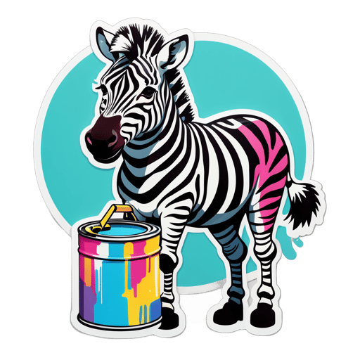 Uma zebra com uma lata de tinta na mão esquerda e um rolo de pintura na mão direita sticker