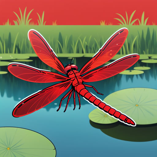 Libellule rouge survolant un étang sticker