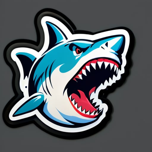 Tiburón, de frente, con la boca abierta, dientes afilados, estilo retro americano sticker