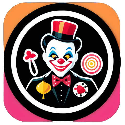 Poisson d'avril Cadre photo rond Clown Carnaval Ballons Boîte magique Chapeau de magicien Masque Fond noir Noeud papillon Toboggan Cartes à jouer Magicien sticker