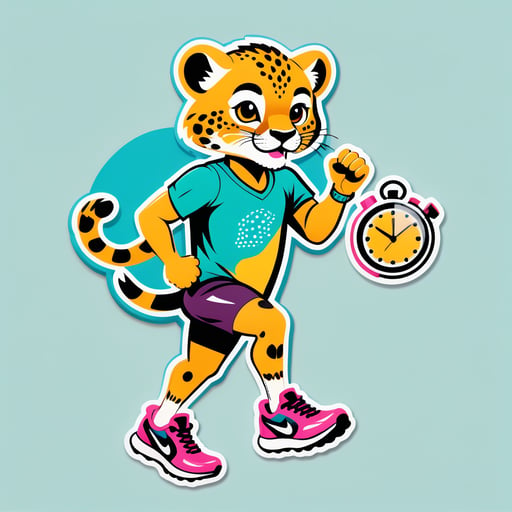 A cheetah with a running shoe in its left hand and a stopwatch in its right hand sticker