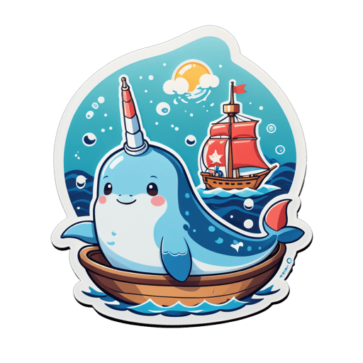A narwhal with a sailor cap in its left hand and a ship-in-a-bottle in its right hand. sticker