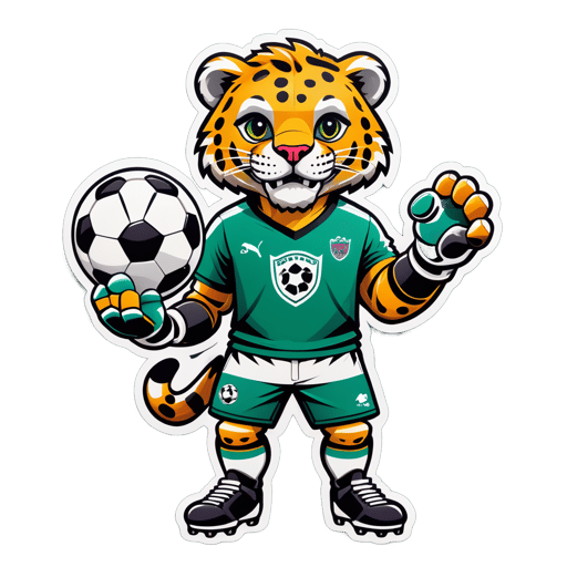 Un jaguar avec un ballon de soccer dans sa main gauche et un gant de gardien dans sa main droite sticker