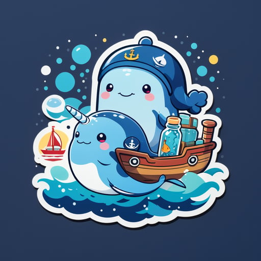 A narwhal with a sailor cap in its left hand and a ship-in-a-bottle in its right hand sticker