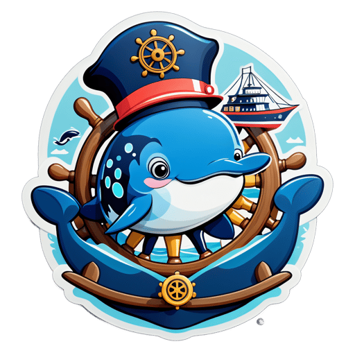 A whale with a sea captain hat in its left hand and a ship wheel in its right hand sticker