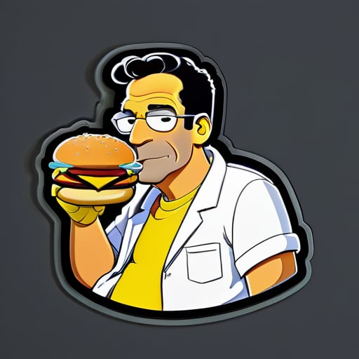 Frank Grimes from the simpsons eating a burger with a sexy look sticker