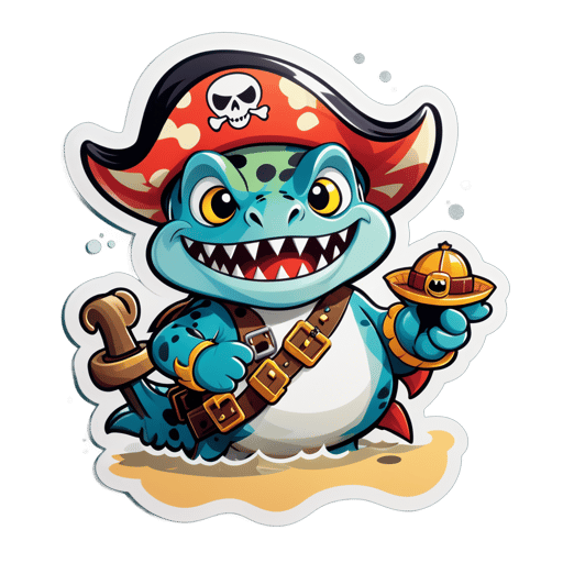 Ein Piranha mit einem Piratenhut in seiner linken Hand und einer Schatzkarte in seiner rechten Hand sticker