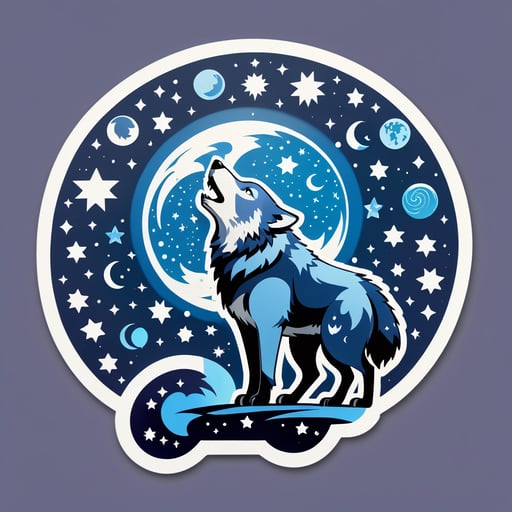 A wolf with a moon pendant in its left hand and a star chart in its right hand sticker