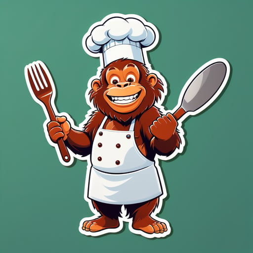 An orangutan with a chef apron in its left hand and a cooking spatula in its right hand sticker
