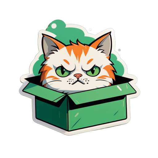 Traurige Katze in Box: Klein, niedergeschlagen in Pappkarton, sehnsüchtige grüne Augen. sticker
