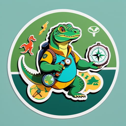 Un dragón de Komodo con una brújula de explorador en su mano izquierda y un mapa en su mano derecha sticker
