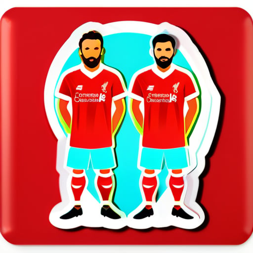 Tres hombres vistiendo equipaciones de fútbol del Liverpool, todas en color rojo sticker