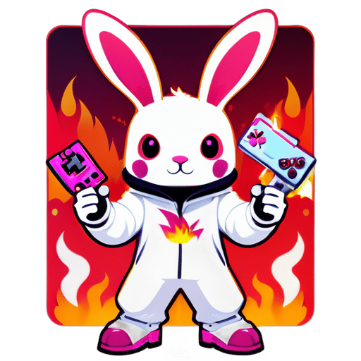 Một nhân vật thỏ được thiết kế trong bộ đồ thỏ màu trắng, với đôi tai dài, tự tin đứng trước một phông nền lửa và các yếu tố game. Với một tay cầm bộ điều khiển game và tay kia chỉ tay lên trên, nhân vật tỏ ra năng động và hào hứng. Chủ yếu màu trắng với những điểm nhấn màu hồng, logo thể hiện tinh thần vui vẻ của bộ thỏ Free Fire trong khi kết hợp màu đỏ lửa. sticker