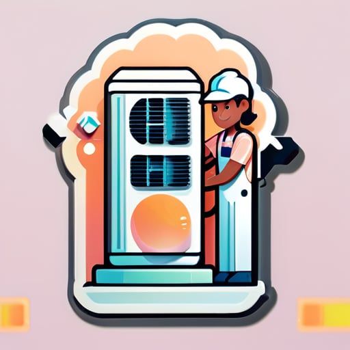 2 engineers repairing an air conditioner, peach colors, clipart style sticker