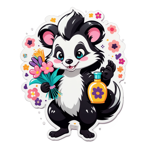 A skunk with a perfume bottle in its left hand and a bouquet of flowers in its right hand sticker