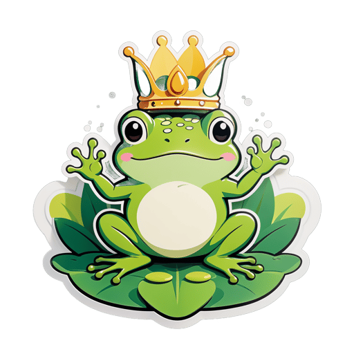 A frog with a lily pad in its left hand and a crown in its right hand sticker
