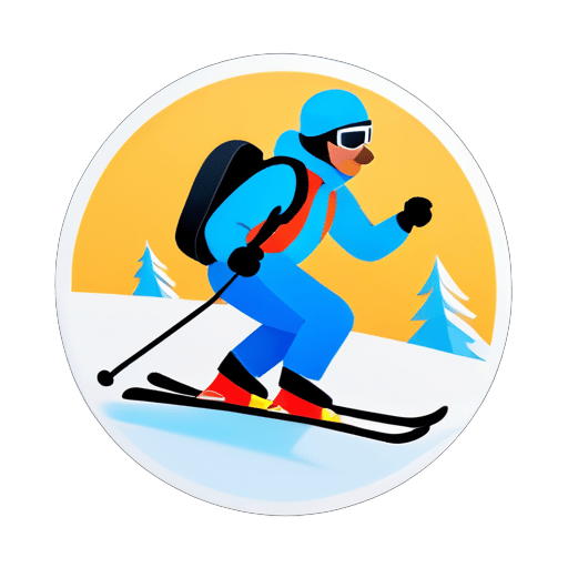 Bald man skiing with a Dackel sticker