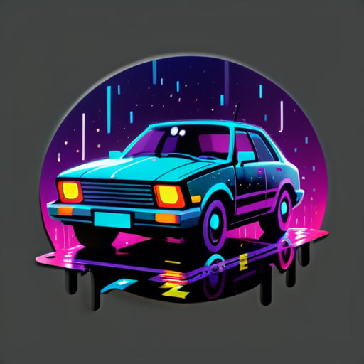 夜晚下雨中的汽車，帶有賽博朋克風格的燈光 sticker