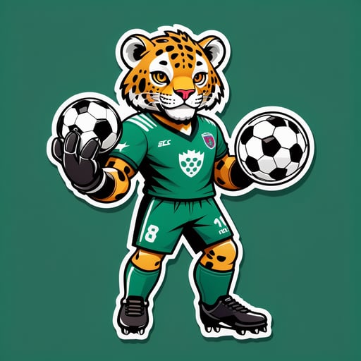 A jaguar with a soccer ball in its left hand and a goalie glove in its right hand sticker