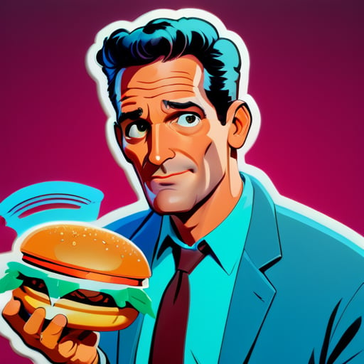 Frank Grimes with a sexy and charming look, holding a burger sticker