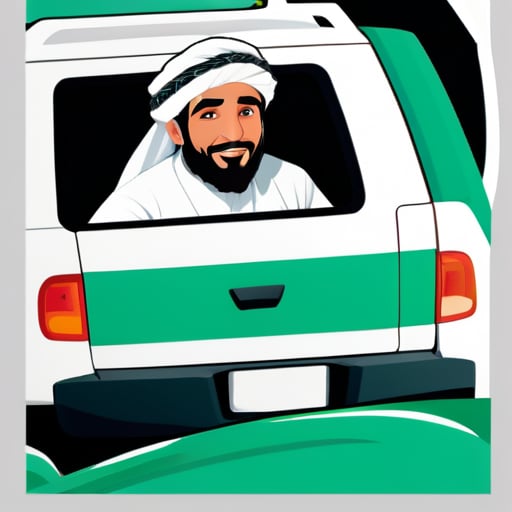 Um homem saudita com trajes tradicionais dirigindo um Toyota FJ Cruiser branco sticker