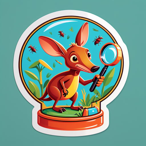 An aardvark with an ant farm in its left hand and a magnifying glass in its right hand sticker