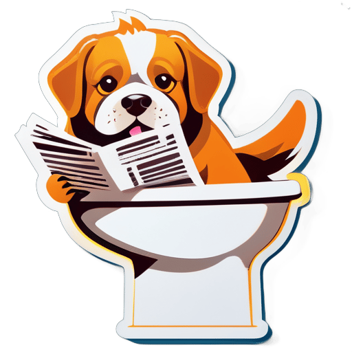 A dog sitting on the toilet reading the newspaper sticker