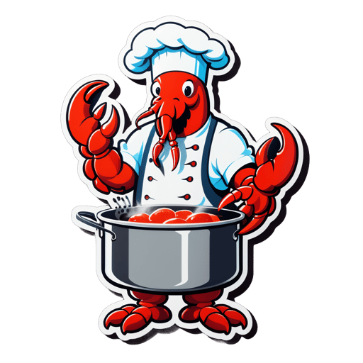 一隻龍蝦左手拿著廚師圍裙，右手拿著烹飪鍋 sticker