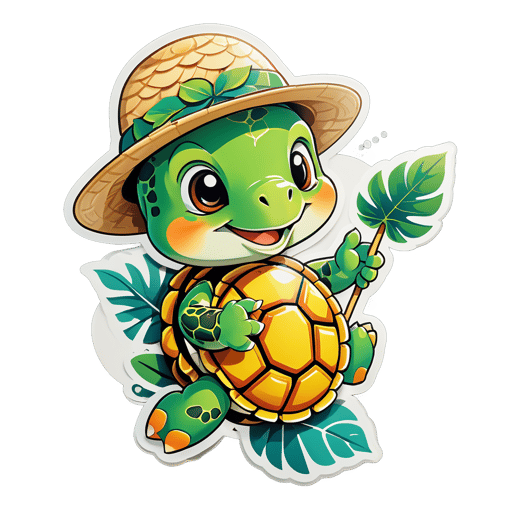 Một con rùa cầm một chiếc lá trong tay trái và mũ rơm trong tay phải sticker