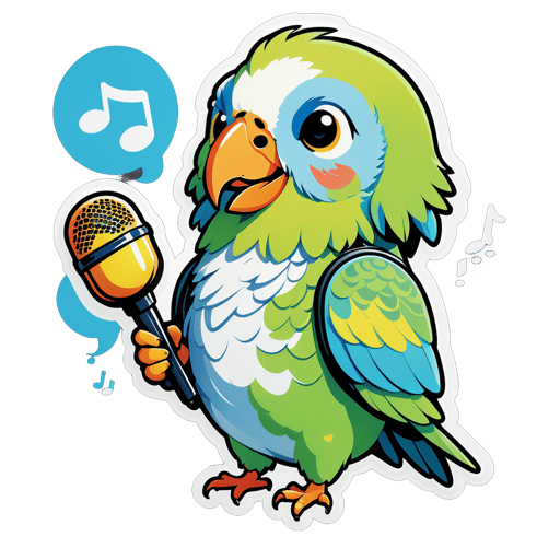 A parakeet with a music note in its left hand and a microphone in its right hand sticker