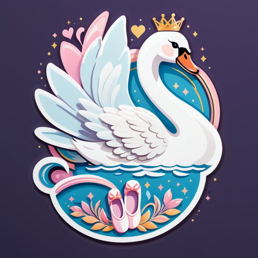 Un cisne con un zapato de ballet en su mano izquierda y una tiara en su mano derecha sticker