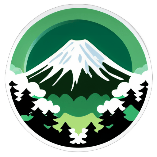 白雪覆盖的富士山与绿意盎然的森林 圆形贴纸 sticker