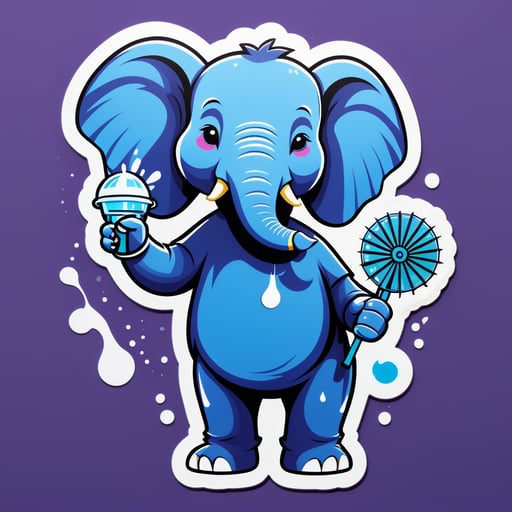 Một con voi cầm một chai xịt nước trong tay trái và một cái quạt trong tay phải sticker