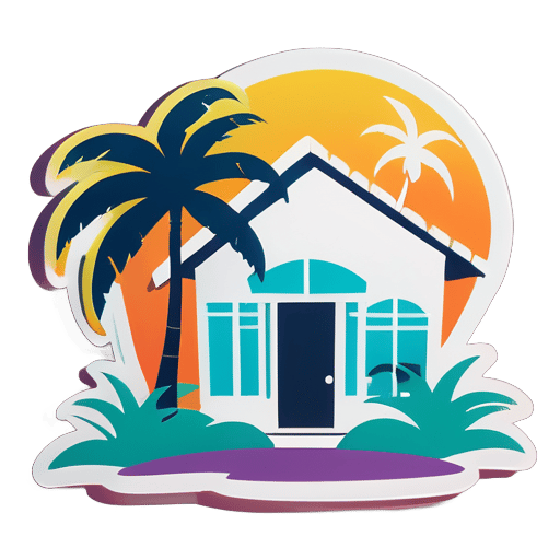 Casa con palmera en primer plano sticker