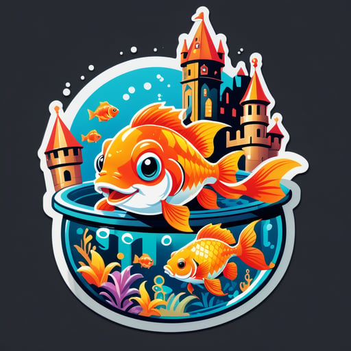 Un pez dorado con un adorno de castillo en su mano izquierda y un cofre del tesoro en su mano derecha sticker