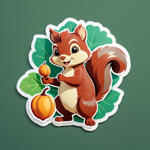 Un écureuil avec un gland dans sa main gauche et une feuille dans sa main droite sticker