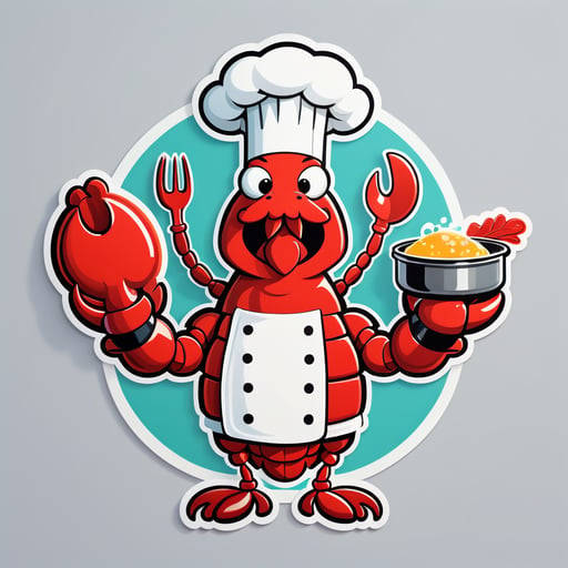 Uma lagosta com um avental de chef na mão esquerda e uma panela de cozimento na mão direita sticker