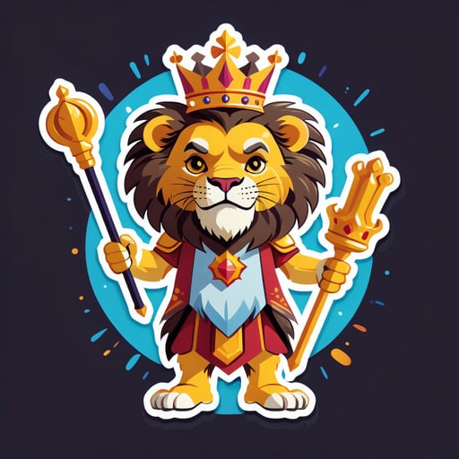 Un león con una corona en su mano izquierda y un cetro en su mano derecha sticker